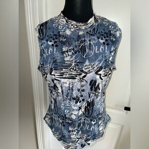 Graphic Blue and White Fitted Mesh Bodysuit Size 1X